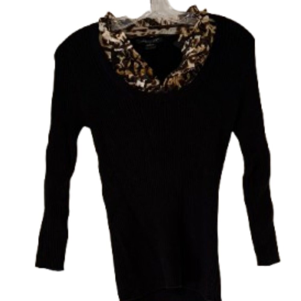 August Silk Black Stretchy 3/4 Sleeve Sweater w/Ruffle Neck - Medium